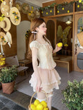 Bonnyshow  Summer Sweet Girls Two Piece Skirt Sets Lace Splicing Puff Sleeve Slim Shirt Tops + High Waist A Line Mini Skirt Outfits
