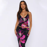 Bonnyshow Floral Print Sexy Women Two Piece Set V Neck Cami Top And Long Skirt Sets For Woman Summer Vacation Outfits