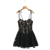 Bonnyshow  European And American Style Summer Women's Mini Dress Lace Patchwork Waist Suspender Dress