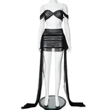 Bonnyshow Women Sexy Double Layered Mesh 2 Piece Set Off Shoulder Twist Strapless Crop Top + Ribbon Ruched Mini Skirts Party Clubwear Suit