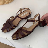 Bonnyshow  Fashion Hollow T-tied Design Brand Sandals Women Comfort Ankle Strap Buckle Chunky Heel Rome Shoes Summer Dress Zapatos De Mujer