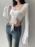 Bonnyshow  Y2K Solid Flared Sleeve Cardigan Casual Lace-up Beach Cover-Ups Coquette White Long Sleeves Shirts Sunscreen Outwear