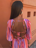 Bonnyshow  Holiday Tie Dye Backless Lace Up Long Dress Elegant O-neck Half Sleeve Hollow Out Robe  Summer Lady Beach Party Vestidos