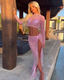 Bonnyshow Hollow Out See Through Mesh 2 Piece Set Women Summer Holiday Beach Outfits Suit Long Sleeve Crop Top + High Split Long Skirt