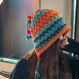 Bonnyshow Rainbow Knitted Hat for Women Autumn Winter Ear Protection Beanies Handmade Colorful Tassel Ball Ladies Bomber Hats