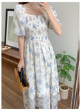 Bonnyshow  Off Shoulder Bubble Sleeves with Elastic Waistband Women's Chiffon Floral Dress New Summer Chic Female A-line Mid-calf Dress