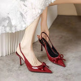 Bonnyshow  Fashion Women's High Heels Sandals Red Sexy Bow Ankle Belt Women's Pointed Wedding Party 2025 Prom Women's Shoes Large Size