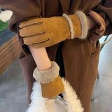 Bonnyshow Korea Suede Lamb Wool Split Finger Gloves Wool Winter Padded Thickened Warm Mittens Couple Riding Gloves Men Women Accessories