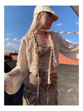 Bonnyshow Vintage Heavy Ruched Fungus Lace Up Tops Mujer 2024 Summer New Sun Protection Coat Y2k Grunge Long Sleeve Cardigan Jackets