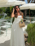 Bonnyshow  Fashion White Pleated Long Dress Women Elegant Sleeveless Square Collar A-line Maxi Dress Lady 2025 Summer Chic Street Vestidos