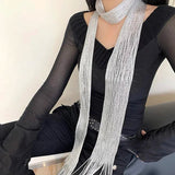 Bonnyshow Korean Silver Silk Scarf Spring and Summer Y2k Silk Scarves Ribbon Ins Women Long Petite Muffler Scarf  Women Accessories