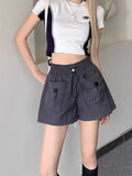Bonnyshow  Design Sense Double Pocket Shorts Women'S Solid Spliced Button Pocket Drawstring Loose Casual High-Waist Wide Leg Trousers