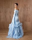 Bonnyshow Elegant Light Blue Mermaid Evening Dresses With Volume Ruched Organza Bottim Boat Neckline Long Sleeves Prom Gowns