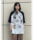 Bonnyshow Streetwear Vintage T Shirts Contrast Color Letter Print Half Sleeve Tops Summer Casual Loose Fashion All Match Women Clothes