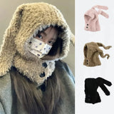 Bonnyshow Y2K Rabbit Ears Plush Hat for Women Winter Warm Fluffy Fur Balaclava Cap Solid Color Lady Girls Ear Protection Beanie Caps 바라클라바