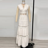 Bonnyshow  Lace Women's V Neck Patchwork Party Dress Sexy Hollow Out Sleeveless Pleated Holiday Dress Elegant Embroidery Solid Long Dresses