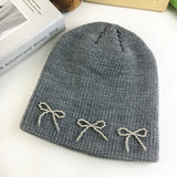 Bonnyshow Solid Color Bow Knitted Hat Women Korean Y2K Girls Beanie Cap Autumn Winter Warm Female Ear Protection Hats Gorras