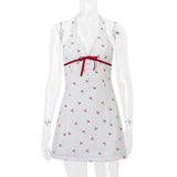 Bonnyshow  Dopamine Lovely Cherry Floral Bow Wooden Ear Dress Sexy Mini  Sleeveless Deep V Neck Women Dresses Summer Beach Party