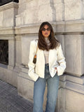 Bonnyshow  Elegant Covered Button Short Women's Jacket Solid V-neck Full Sleeve Pockets Coats Female 2025 Spring Autumn Lady Streetwears