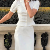 Bonnyshow  Women Elegant Skirt Suit White V-neck Puff Sleeve T-shirt and Long Skirt Casual Two Piece Set High Street Office Wear