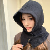 Bonnyshow Wool Knitted Balaclava Hat for Women Winter Warm Hooded Beanie Cap Scarf Y2K Candy Color One Piece Fake Neck Collar Caps