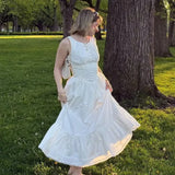 Bonnyshow  Summer 2025 Floral Print Boho Dress Women Front Lace Up Bow O Neck A-line Midi Tank Dresses Elegant Lady Vacation Party Robe