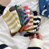 Bonnyshow Girls Striped Socks Spring Autumn Cotton Mid-tube Sock for Women Korean Style Sweat Absorption Sport Socks