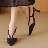 Bonnyshow  Ladies Flat Shoes 2025 New Women's High Heels Slingback Closed Toe Pointed Toe Two-color Ankle Strap T-strap Office Formal Shoes