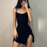 Bonnyshow Summer Sexy Mini Dress Women Sleeveless Streetwear Strap Backless Bodycon Folds Split Dress Party Club Elegant A- LINE Dresses