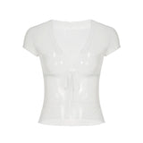 Bonnyshow  V-neck Lace Patchwork Transparent Tees White Summer Mesh Sexy Bandage Chic T-shirt Hottie Slim Solid Retro Tops