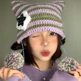 Bonnyshow Y2K Cute Star Devil Knitted Beanies for Women Korean Ins Striped Knitted Skullies Hat Autumn Winter Warm Wool Pullover Cap