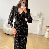 Bonnyshow  High Waist Floral Long Dress For Women Ruffled Splice Laple Long Sleeve Party Vacation Clothes Lady Retro Elegant Dress
