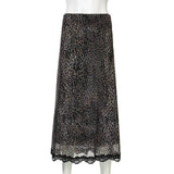 Bonnyshow Leopard Print Maxi Skirts Women Fashion Mesh High Waist Slim A-line Skirt Autumn Winter Lace Patchwork Vintage Y2K Skirt 2024