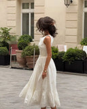 Bonnyshow  Bohemian Style Bow O Neck White Midi Dress Women Front Lace Up Bandage Sleeveless Casual Summer Dresses Holiday Robe