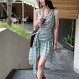Bonnyshow  Fashionable Irregular Mini Dress Female Clothing Plaid Summer New Swinging Collar Drawstring Hotsweet Sleeveless Vintage Dresses