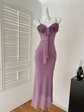 Bonnyshow  Women's Summer Elegant Sexy Ruffles Bodycone Strap Long Dress Lady Solid Color Sleeveless Slim Party Evening Sweet Dress