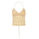 Bonnyshow  Y2K Backless Strappy Tie-up Halter Camis Floral V Neck Bustier Crop Tops Fairy Coquette Ruffle Trim Sleeveless Vest