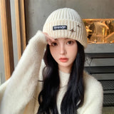 Bonnyshow Korean Letter Knit Beanie Cap Women Winter Thickened Warm Pullover Hat Solid Color Star Female Ski Woollen Caps