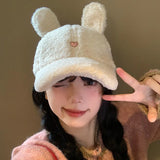 Bonnyshow Lamb Fleece Baseball Cap for Women Kawaii Cartoon Plush Peaked Cap  Y2K Korean Winter Warm Cute Ears Girls Sun Hats