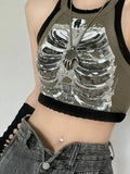 Bonnyshow Punk Aesthetic Cyber Retro X-ray Skeleton Print Rib Sleeveless Vest ArmyGreen Crop Top Designer Clothes Women Summer Emo