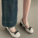 Bonnyshow  Spring and Summer French Thick Heel Mary Jane Shoes Women's Spring Light Mouth High Heels Bow Single Shoes