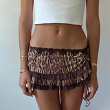 Bonnyshow  Summer Vintage Leopard Print Ruffles Low Waist Mini Skirt Women Lace Skirts Aesthetic Elegant Fashion Lady Party Streetwear