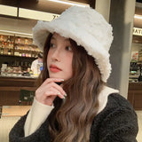 Bonnyshow Faux Fur Bucket Hat for Women Winter Thick Plush Girls Fisherman Cap Korean Solid Color Warm Fluffy Sun Visor Panama Caps