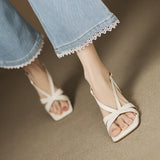 Bonnyshow  Beige Heeled Sandals 2025 Summer Large Size Square Toe Buckle Strap Retro Woman Shoes Med Black Fashion Big Rhinestone Original