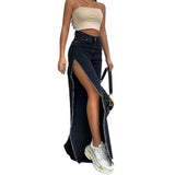 Bonnyshow Double Side High Slit Denim Trousers Spring and Summer Street Trendy Sexy Open Leg Pants Female Y2k Jeans