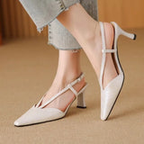 Bonnyshow  Ladies Flat Shoes 2025 New Women's High Heels Slingback Closed Toe Pointed Toe Two-color Ankle Strap T-strap Office Formal Shoes
