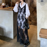 Bonnyshow Summer New Korean Hook Flower Hollow Lace Sexy Black Sling Dress Women + Loose Casual Long-sleeved Shirt Two-piece Suit