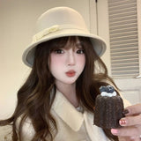 Bonnyshow Elegant Felt Fedora Hat for Women Autumn Winter Warm Woolen Bucket Cap Vintage Solid Color Lady Dome Jazz Caps