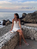 Bonnyshow  Women White Pleated Backless Sling Dress Elegant Patchwork Wrapped Chest Sleeveless Mini Dresses Summer New Vocation Beach Robe