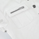 Bonnyshow  Y2k Streetwear Solid Blouse for Women Zipper Pocket Button Turn-down Collar Short Sleeve T Shirt Korean Summer Clothing